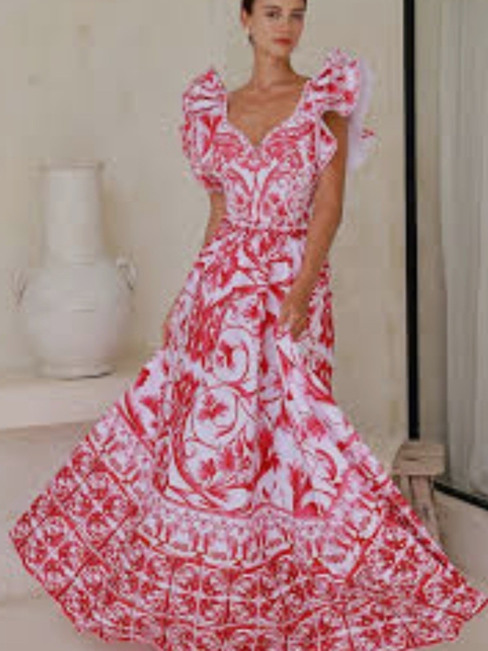 Red and White Floral Maxi Dress with Ruffle Sleeves